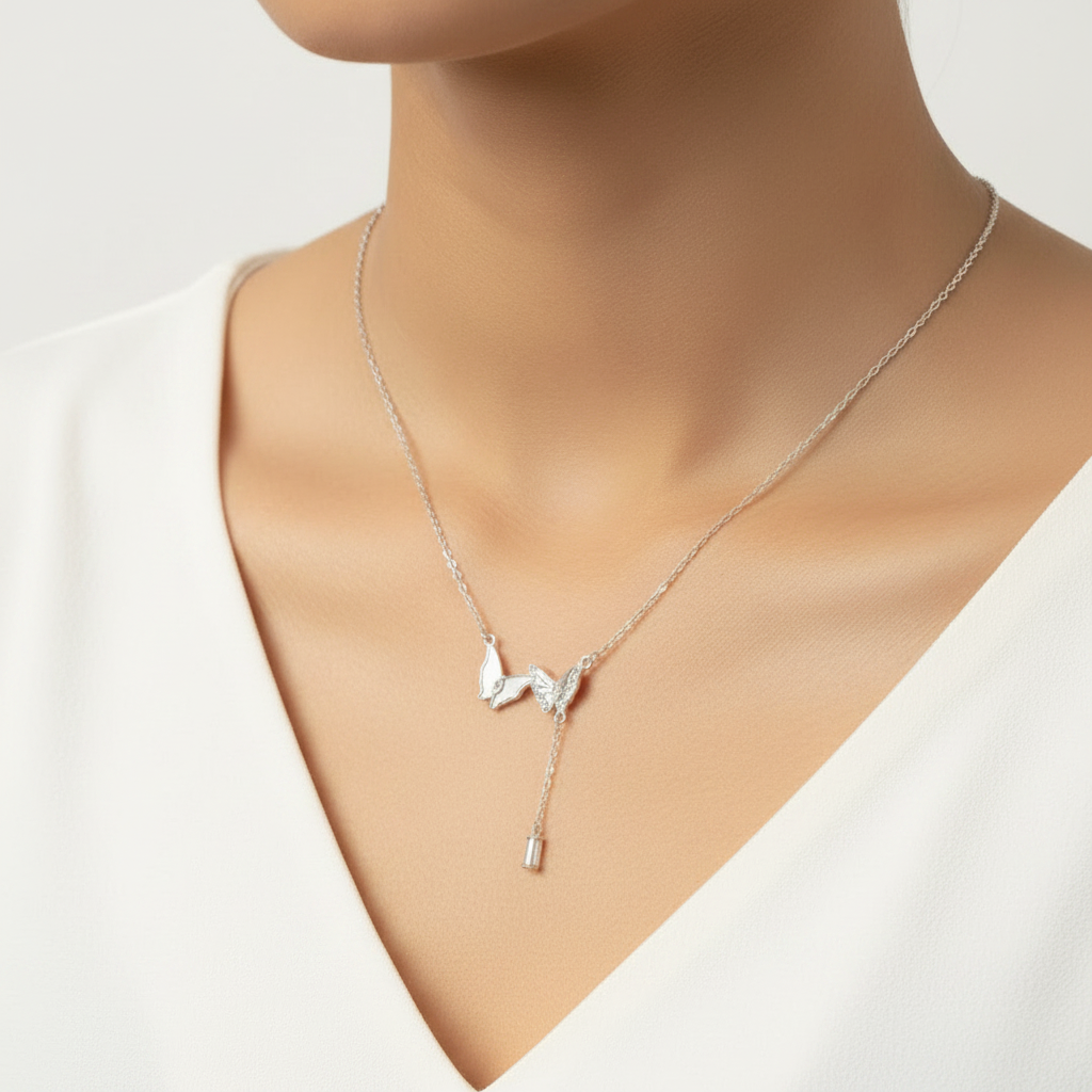Silver necklace with a pendant in a black box on a red fabric background