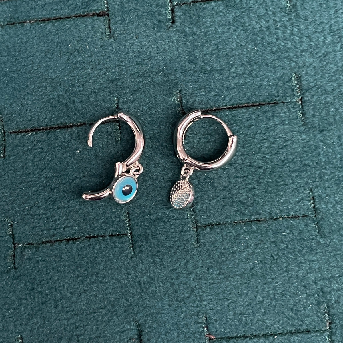 92.5 Sterling Silver Bali Earrings for Women | Plain Polished Hoop with Evil Eye Charm Drop pair