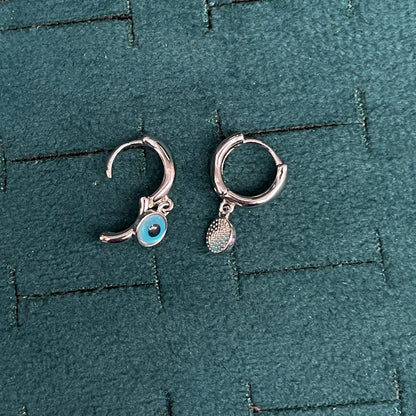 92.5 Sterling Silver Bali Earrings for Women | Plain Polished Hoop with Evil Eye Charm Drop pair