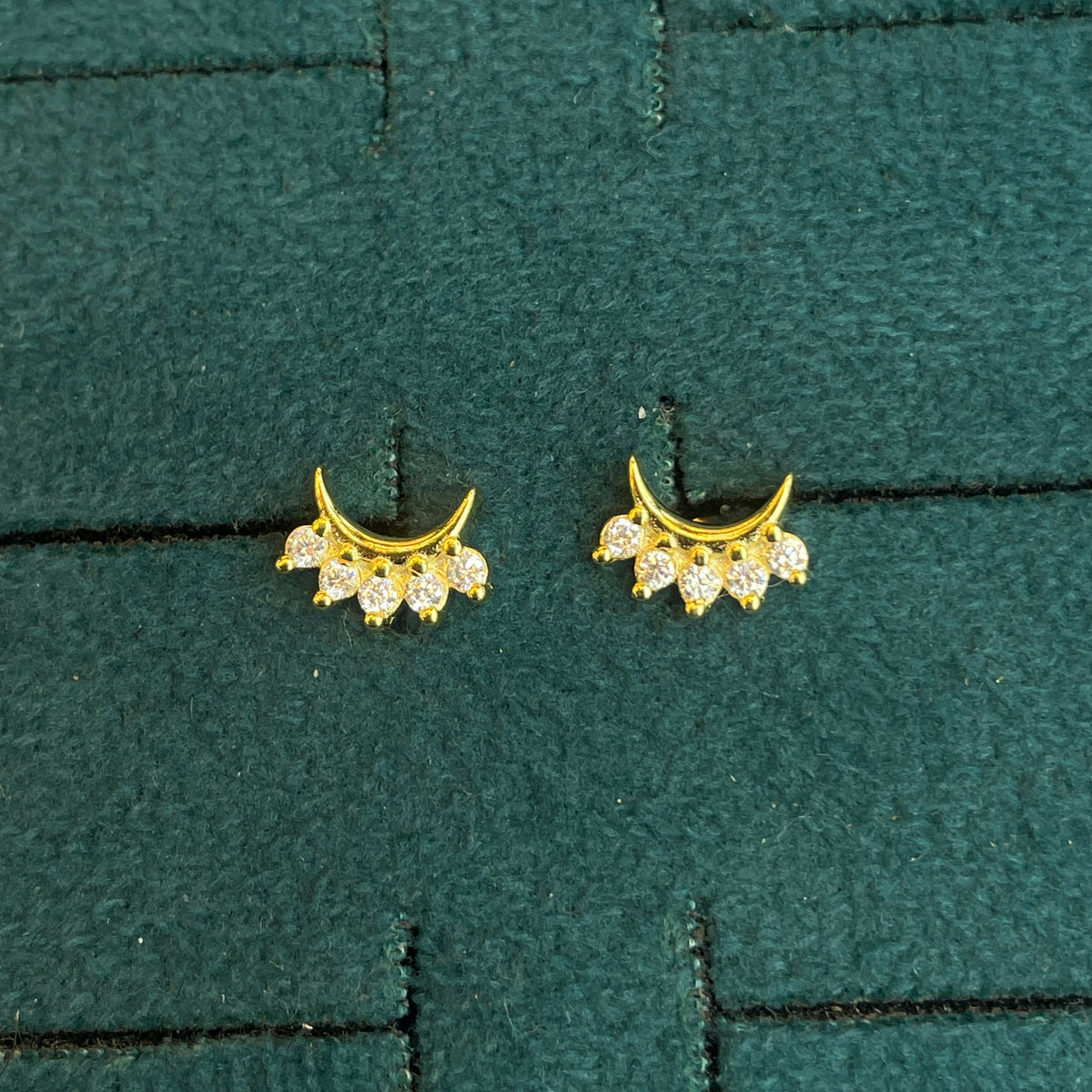 92.5 Silver Gold-Toned Clear Stone Crescent Studs Pair