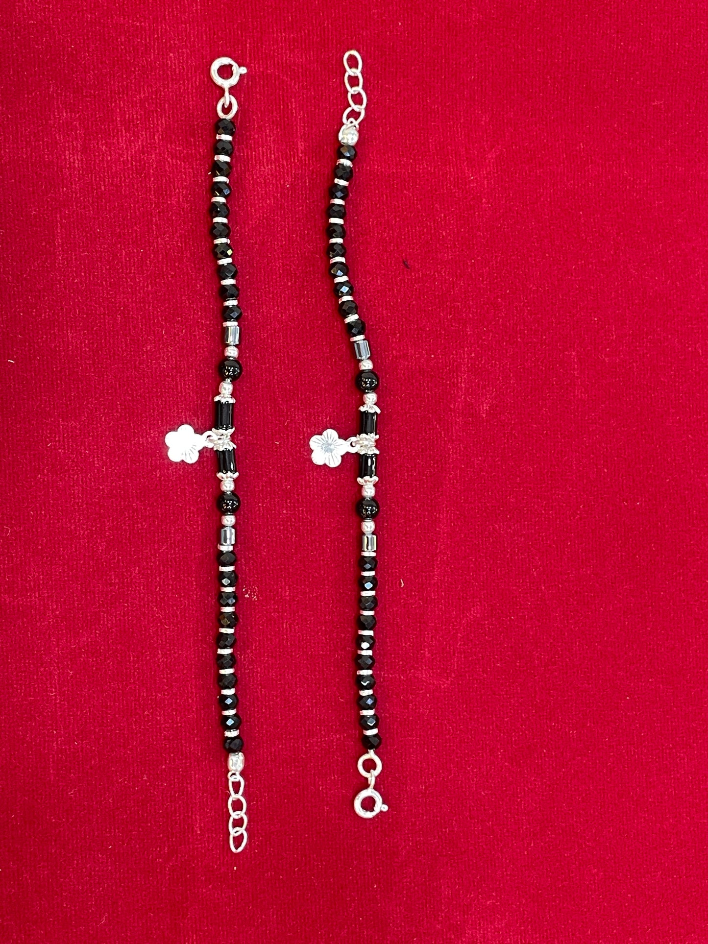 Silver Nazariya Black Bead Anklet for Kids | Set of 2 with Flower Charm