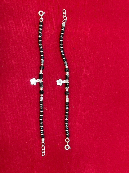 Silver Nazariya Black Bead Anklet for Kids | Set of 2 with Flower Charm