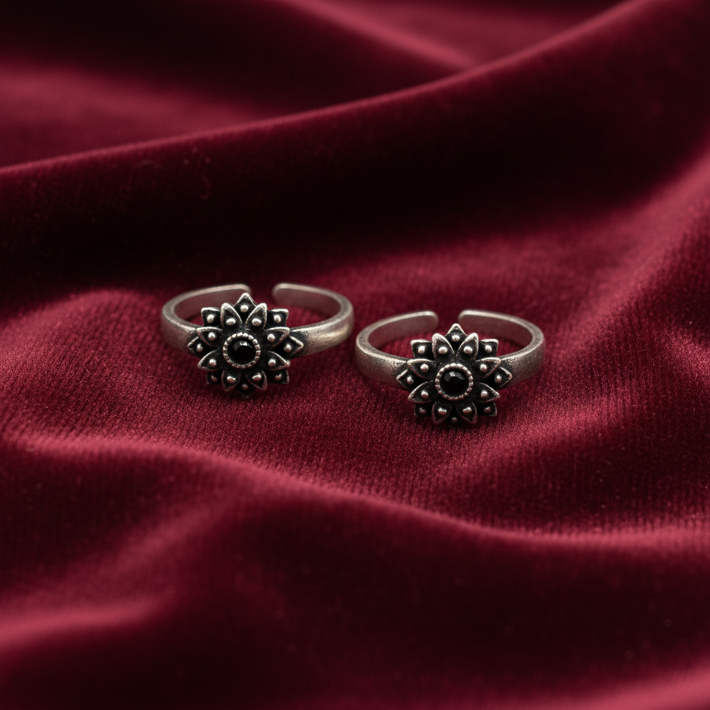 925 Sterling Silver Pyrite Dalia Toe Rings for Women | Oxidised Floral Design