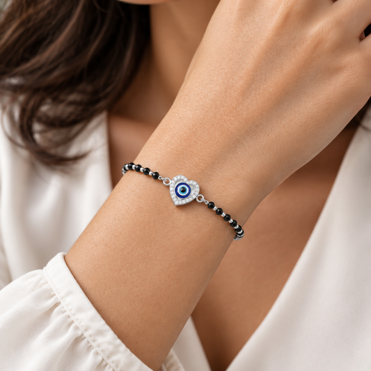 92.5 Silver Black Bead Bracelet with Evil Eye Heart Charm for Women