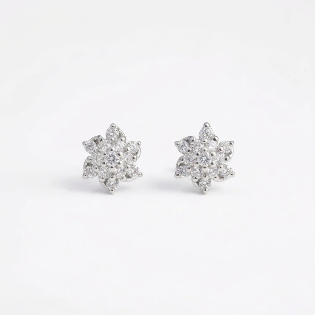 92.5 Silver Clear Stone Flower Stud Earrings Pair