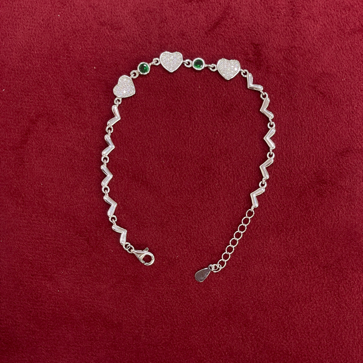 92.5 Silver Green Stone Heart Bracelet for Women