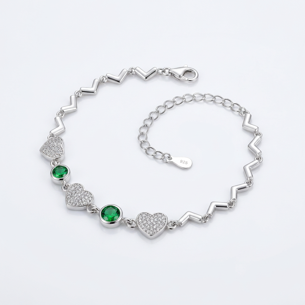 92.5 Silver Green Stone Heart Bracelet for Women