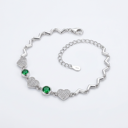 92.5 Silver Green Stone Heart Bracelet for Women
