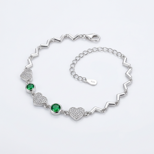 92.5 Silver Green Stone Heart Bracelet for Women