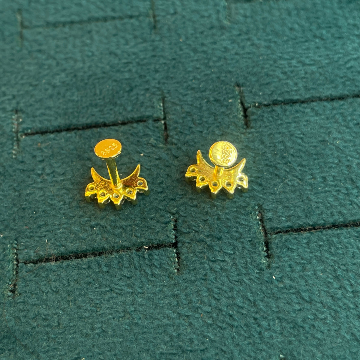 92.5 Silver Gold-Toned Clear Stone Crescent Studs Pair