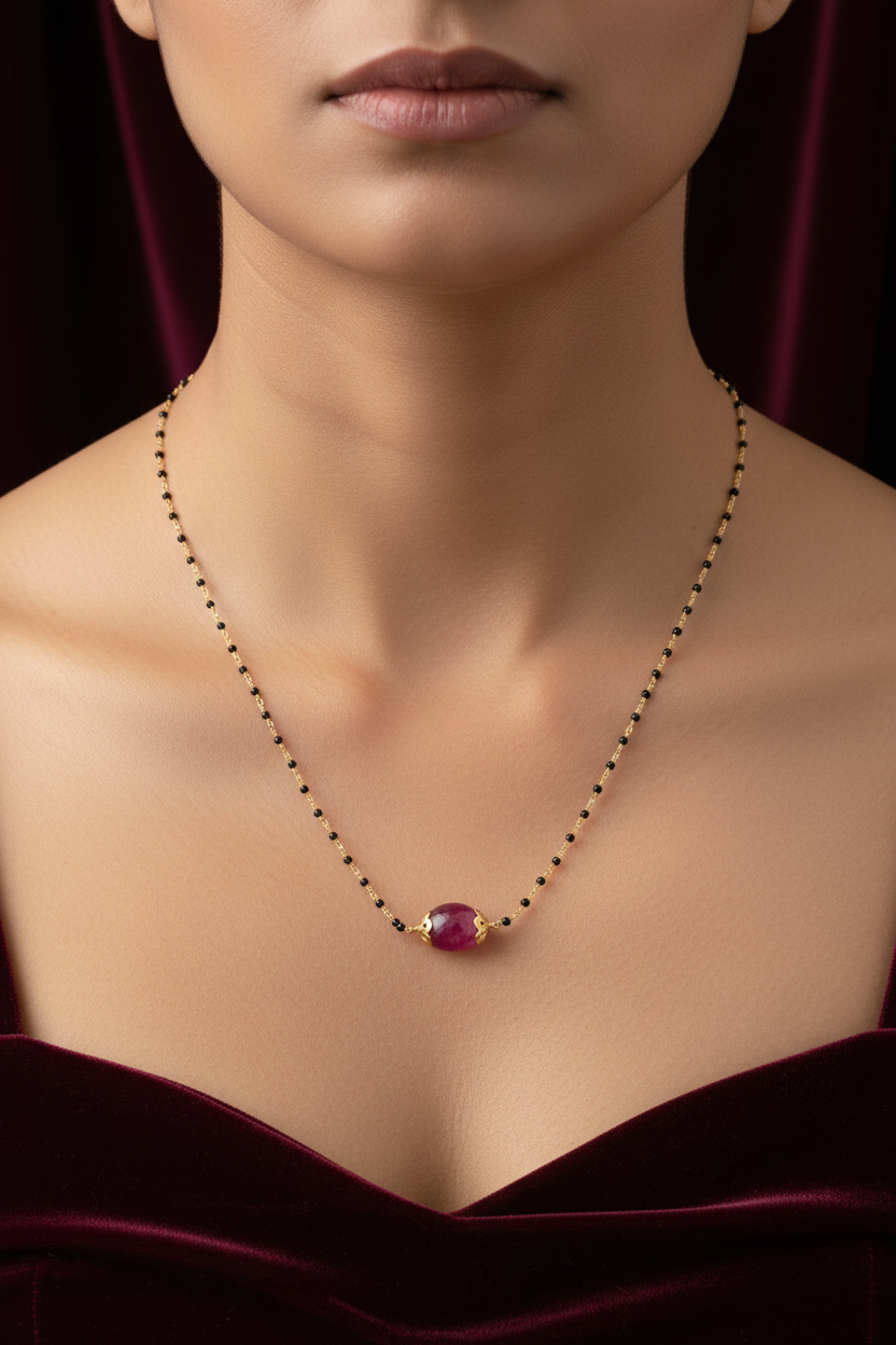 925 Silver Gold Plated Black bead Ruby chain 17 inch