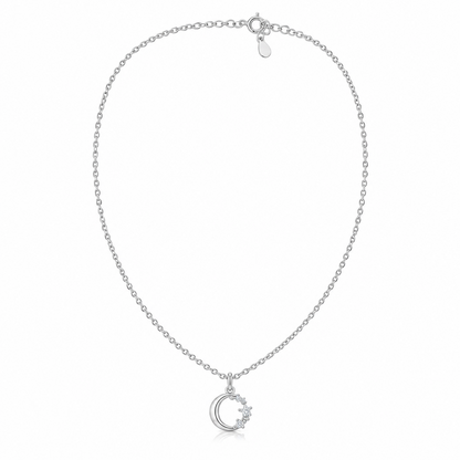92.5 Silver Crescent Moon & CZ Star Pendant Necklace for Women