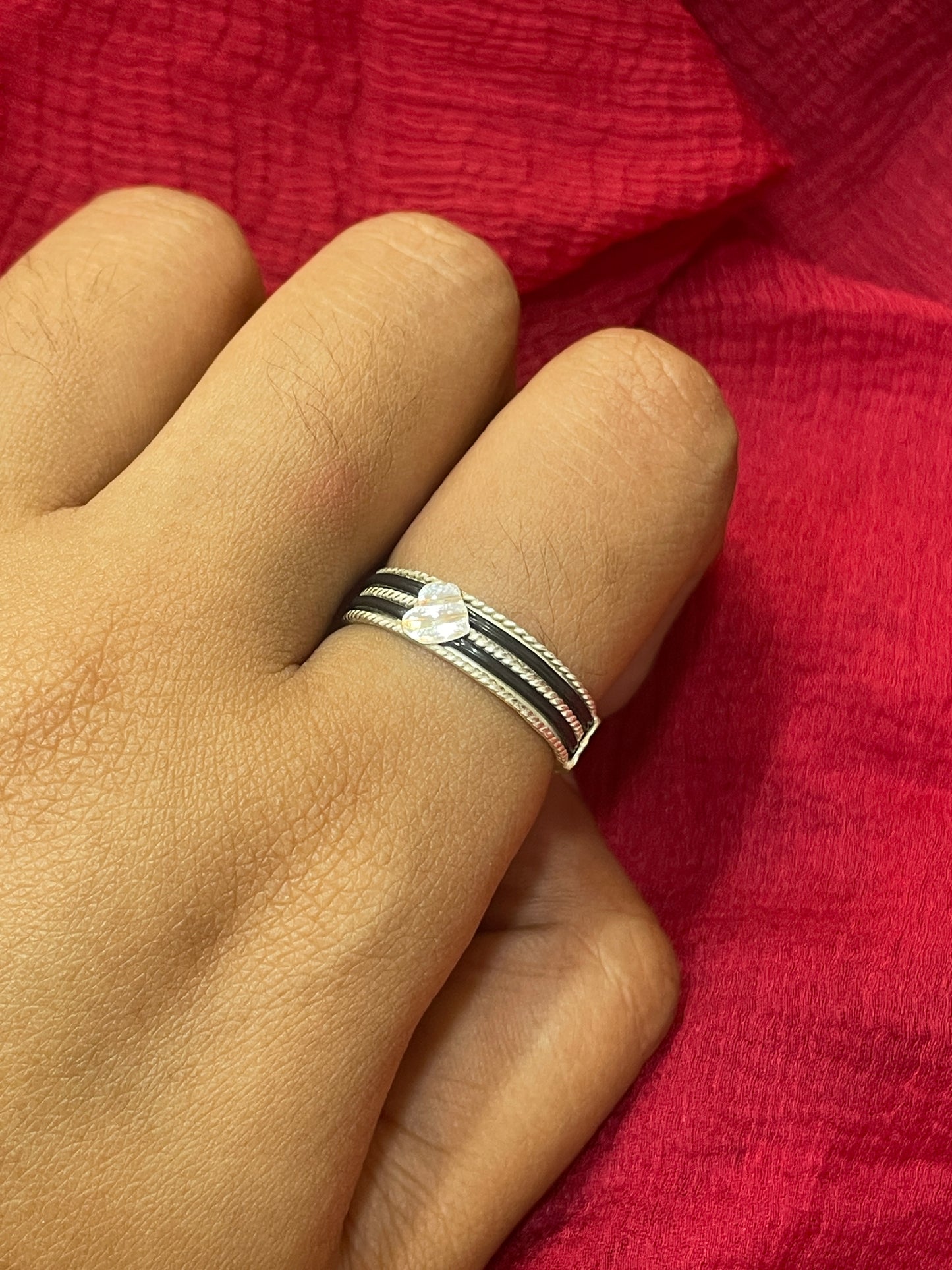 92.5 Silver Black Thread Heart Ring for Men | Fiber Design | Stylish Modern Jewellery
