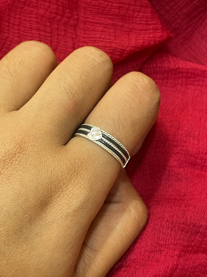 92.5 Silver Black Thread Heart Ring for Men | Fiber Design | Stylish Modern Jewellery
