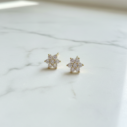 Sterling Silver Floral CZ Stud Earrings for Women | Gold-Tone Flower Design