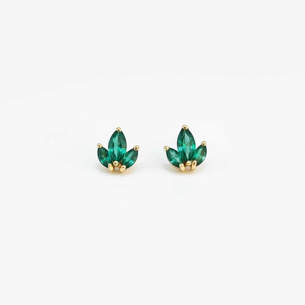 925 Silver Gold Plated  Emerald 3 Leaf Studs