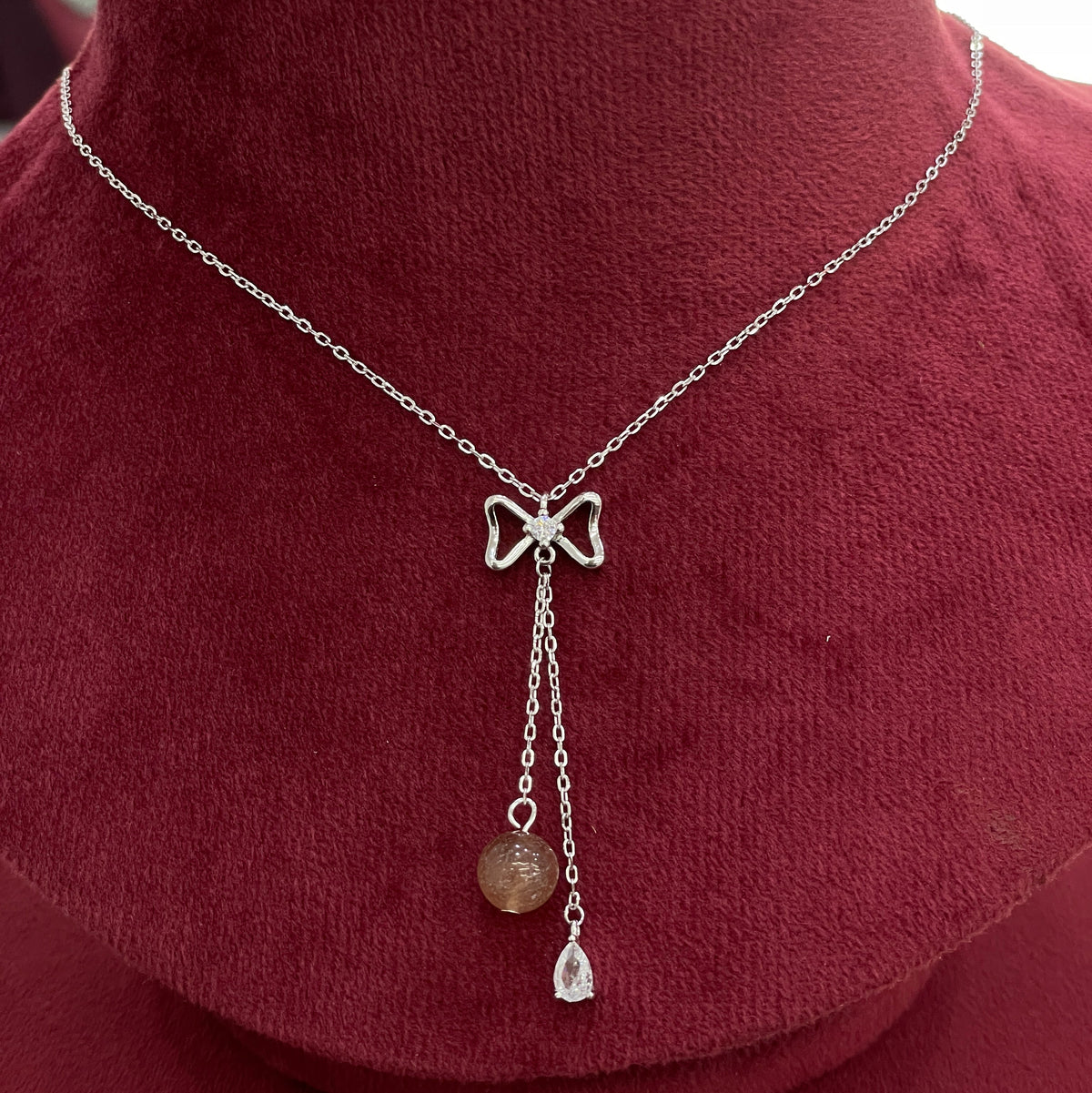 92.5 Silver CZ Bow & Brown Bead Necklace for Women