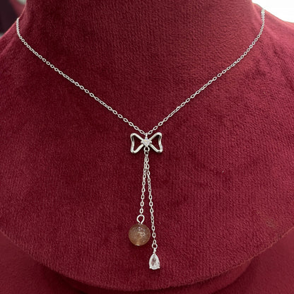 92.5 Silver CZ Bow & Brown Bead Necklace for Women