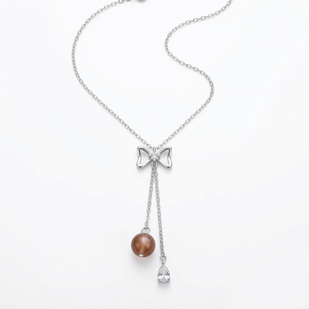 92.5 Silver CZ Bow & Brown Bead Necklace for Women