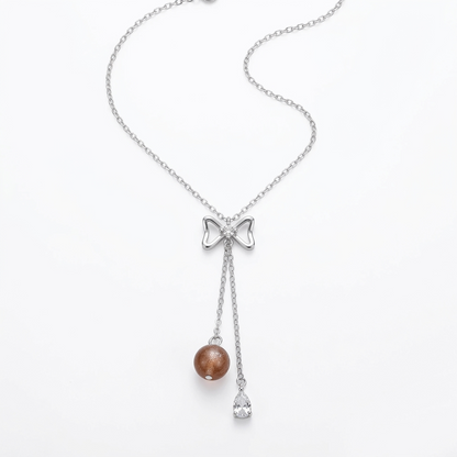92.5 Silver CZ Bow & Brown Bead Necklace for Women