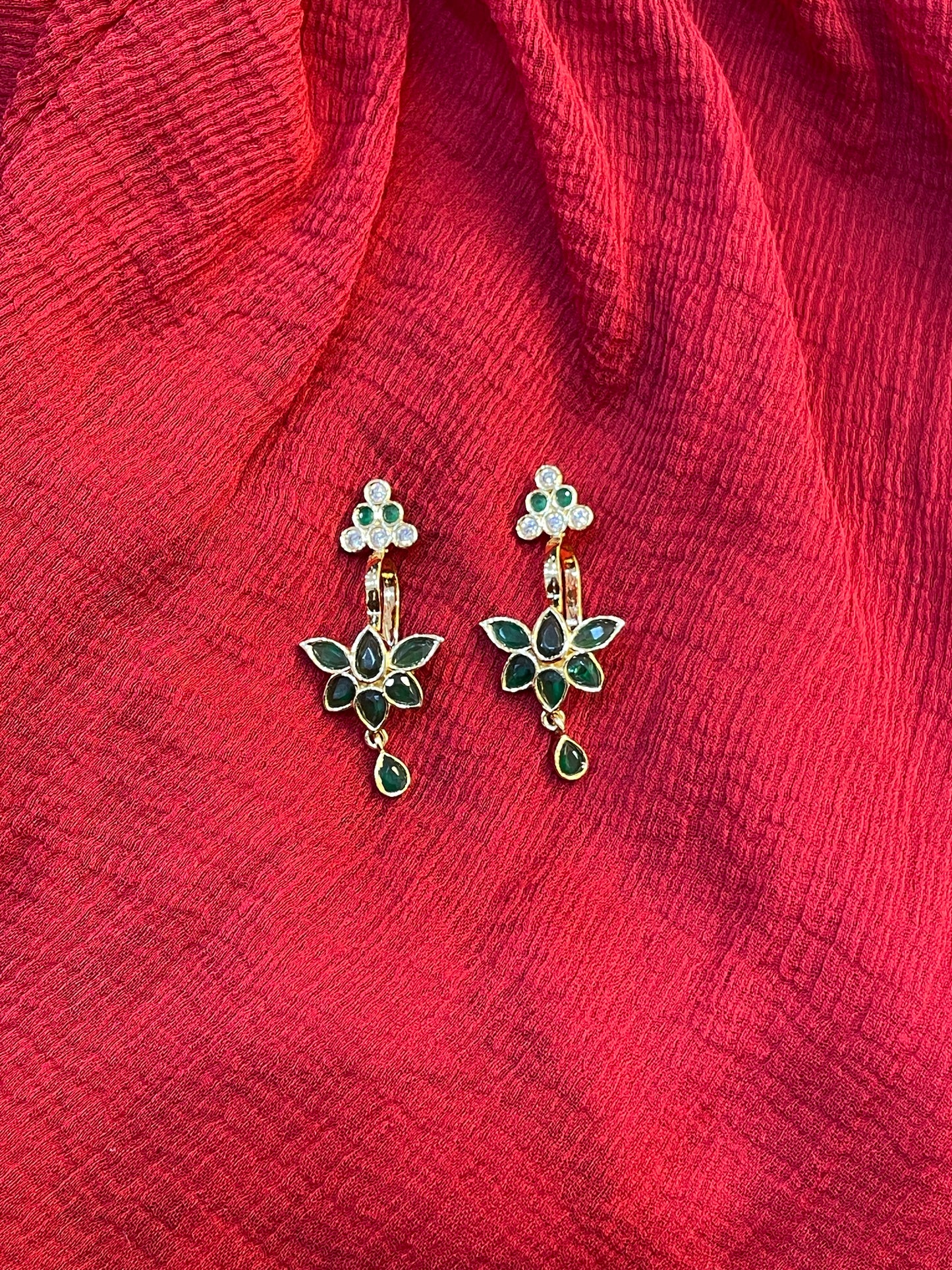 92.5 Silver Emerald Lotus Press-On Bugadi for Women | Temple Style Non-Piercing Ear Cuff | Traditional Jewellery