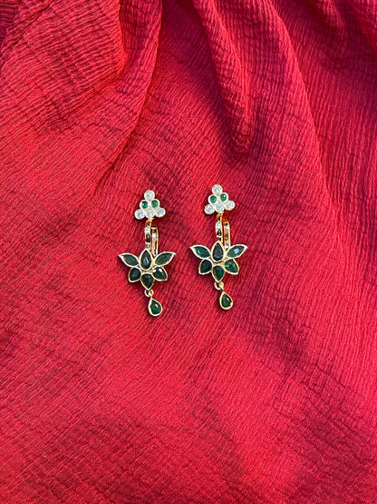 92.5 Silver Emerald Lotus Press-On Bugadi for Women | Temple Style Non-Piercing Ear Cuff | Traditional Jewellery