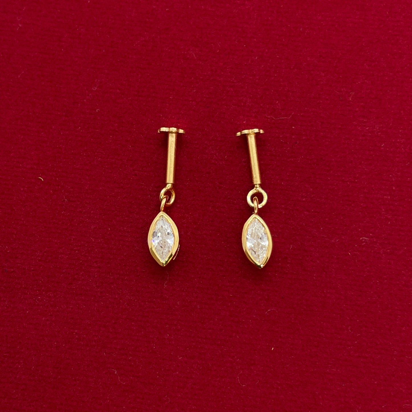 Gold Plated 92.5 Sterling Silver Marquise CZ Solitaire Bugadi for Women | Minimal Marquise Bezel Bar Drop | Helix Earring Pair