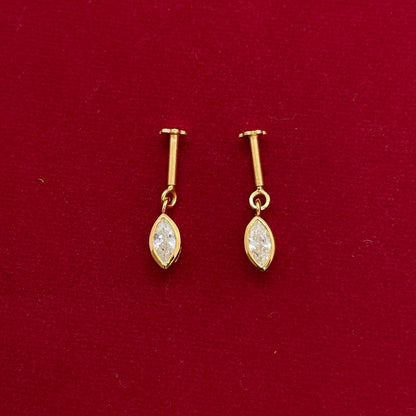 Gold Plated 92.5 Sterling Silver Marquise CZ Solitaire Bugadi for Women | Minimal Marquise Bezel Bar Drop | Helix Earring Pair