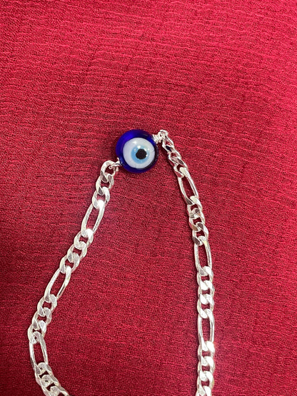 925 Silver Evileye Figaro Bracelet - 8 Inch