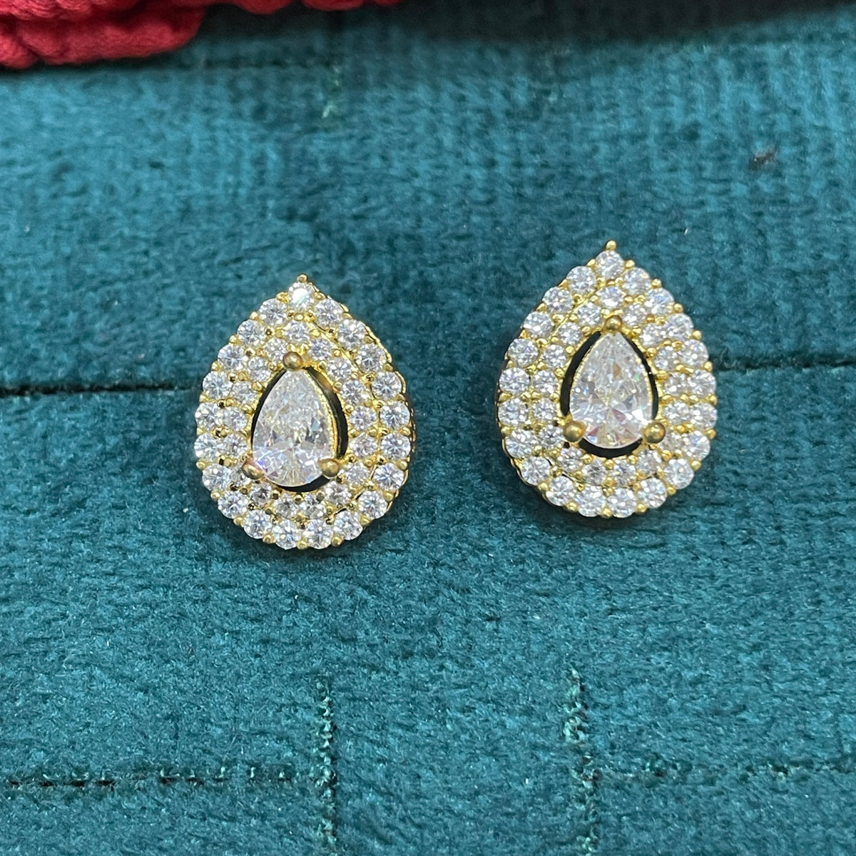 92.5 Sterling Silver Gold Plated Pear Cut White CZ Double Halo Stud Earrings for Women