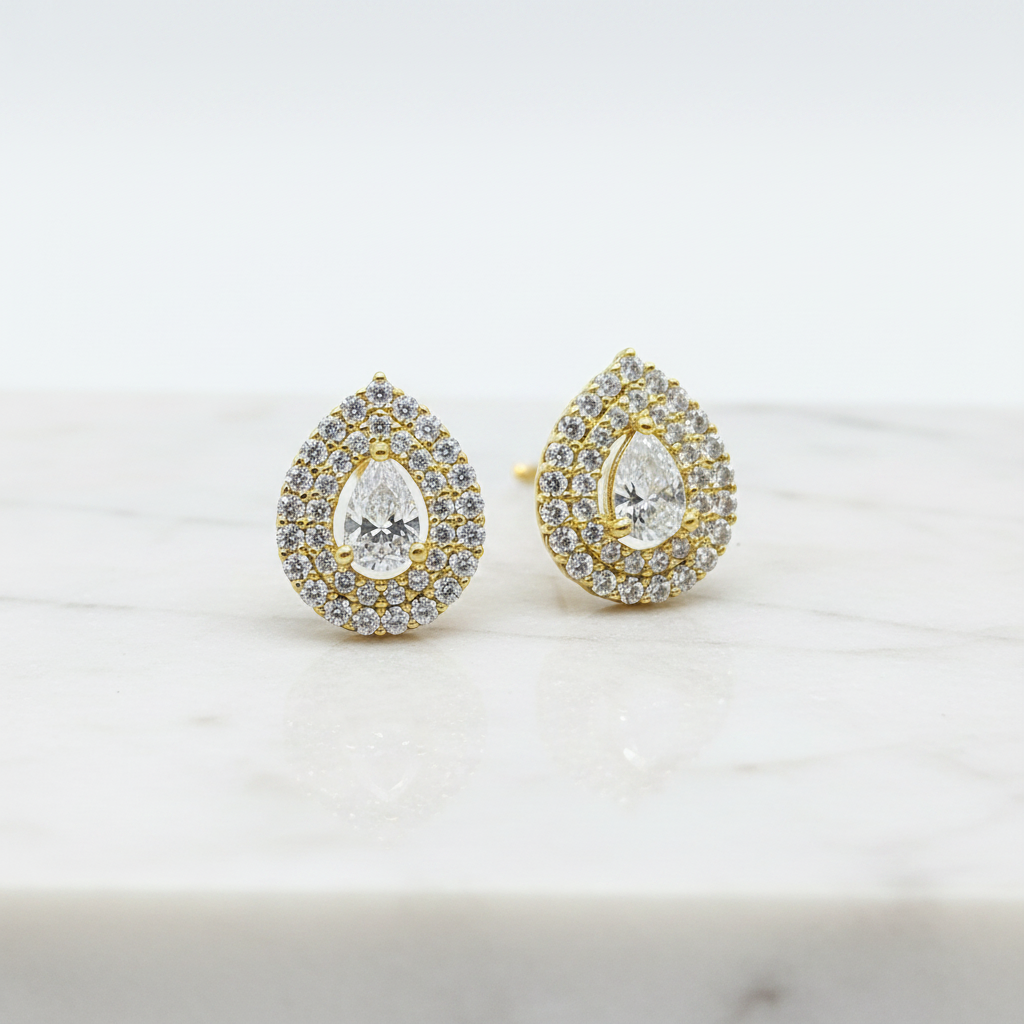 92.5 Sterling Silver Gold Plated Pear Cut White CZ Double Halo Stud Earrings for Women