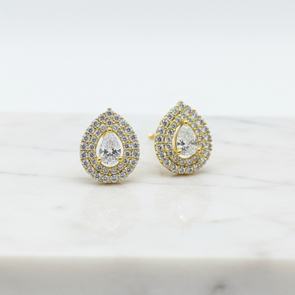 92.5 Sterling Silver Gold Plated Pear Cut White CZ Double Halo Stud Earrings for Women