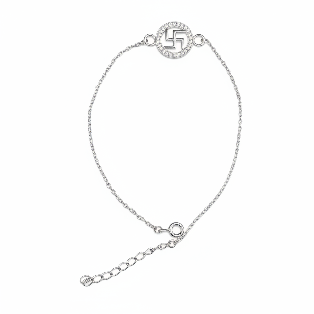 925 Sterling Silver Swastik Rakhi | Stone-Studded Chain Rakhi for Raksha Bandhan