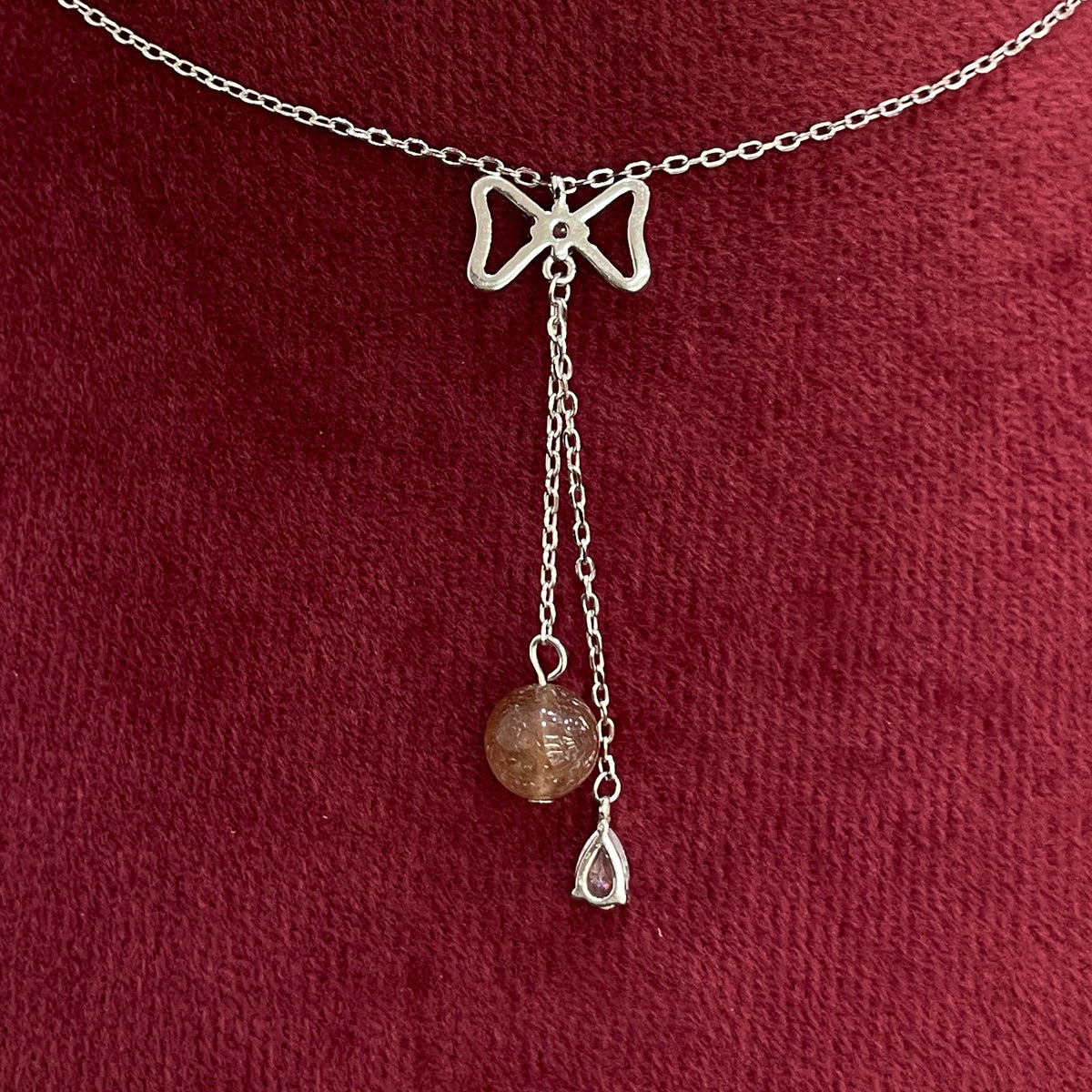 92.5 Silver CZ Bow & Brown Bead Necklace for Women