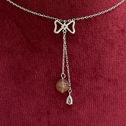 92.5 Silver CZ Bow & Brown Bead Necklace for Women