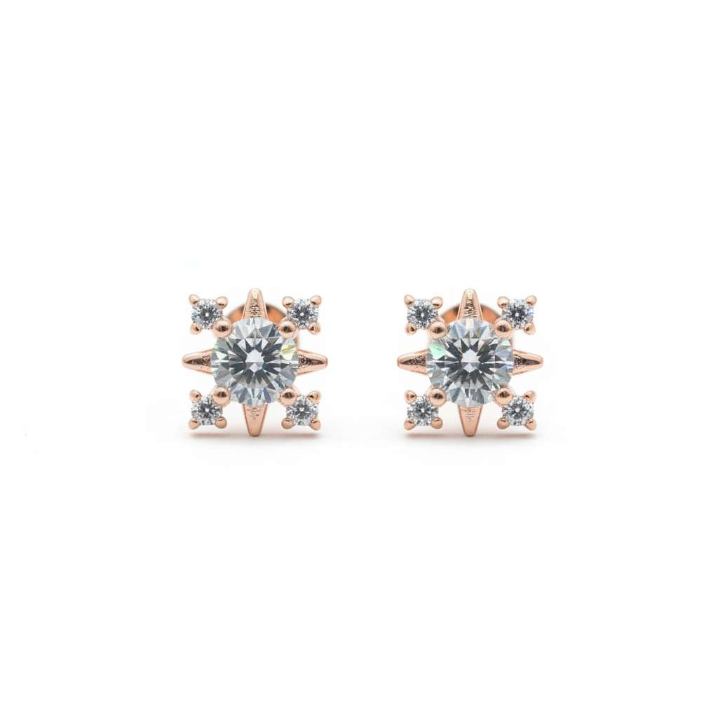 Rose Gold Plated 92.5 Sterling Silver Eight-Point CZ Snowflake Stud Earrings for Women | Starburst CZ Second Studs | Second Piercing Earring Pair