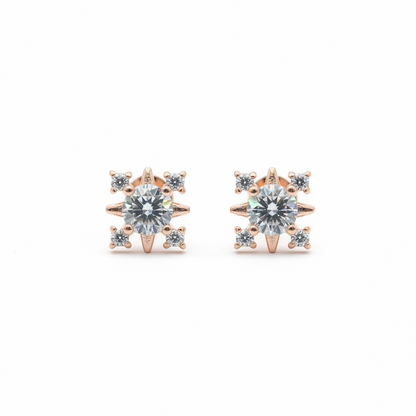 Rose Gold Plated 92.5 Sterling Silver Eight-Point CZ Snowflake Stud Earrings for Women | Starburst CZ Second Studs | Second Piercing Earring Pair