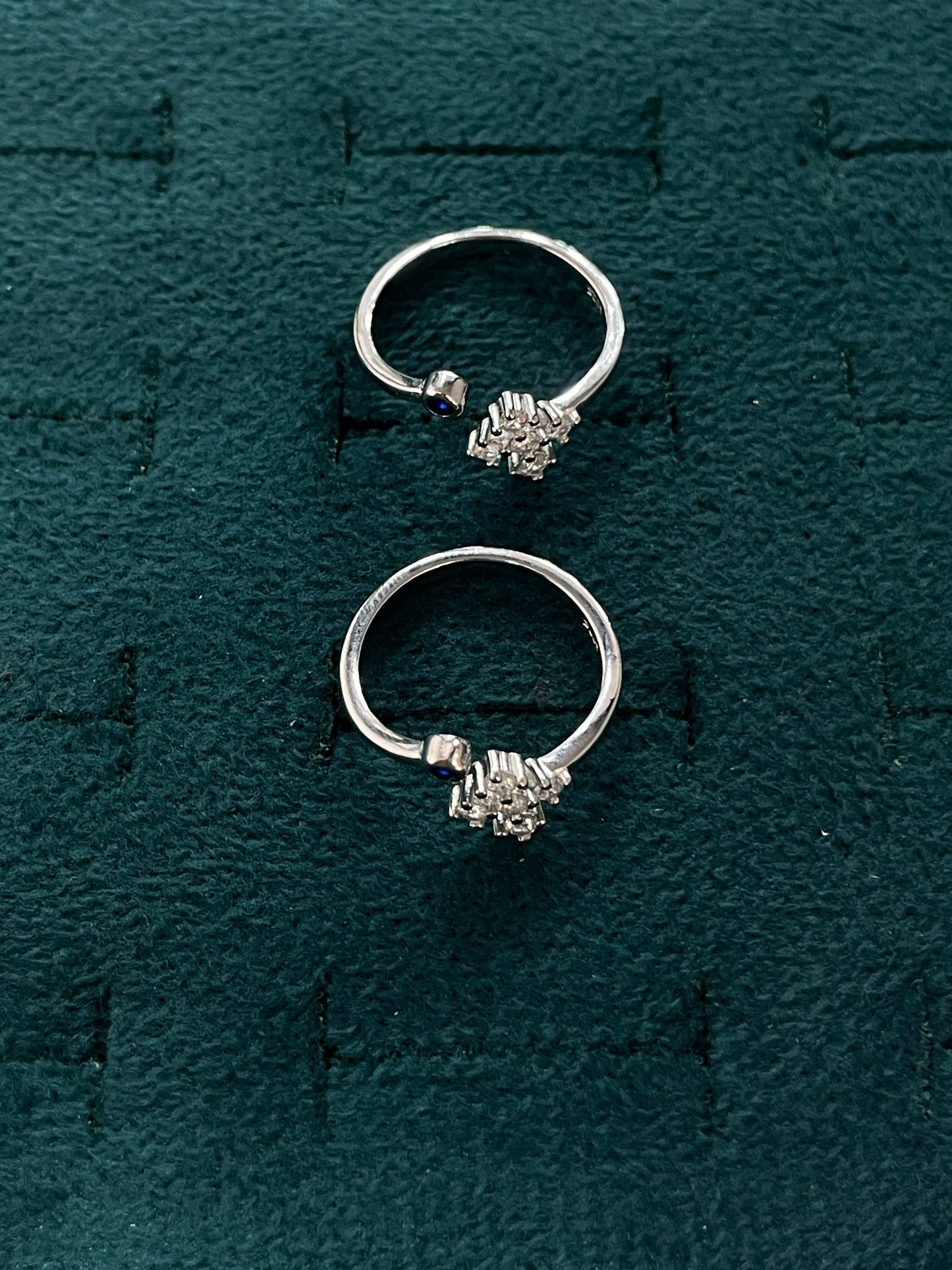 92.5 Silver 5 Stone Cross Cluster Adjustable Toe Rings for Women | Blue & White Stone Design