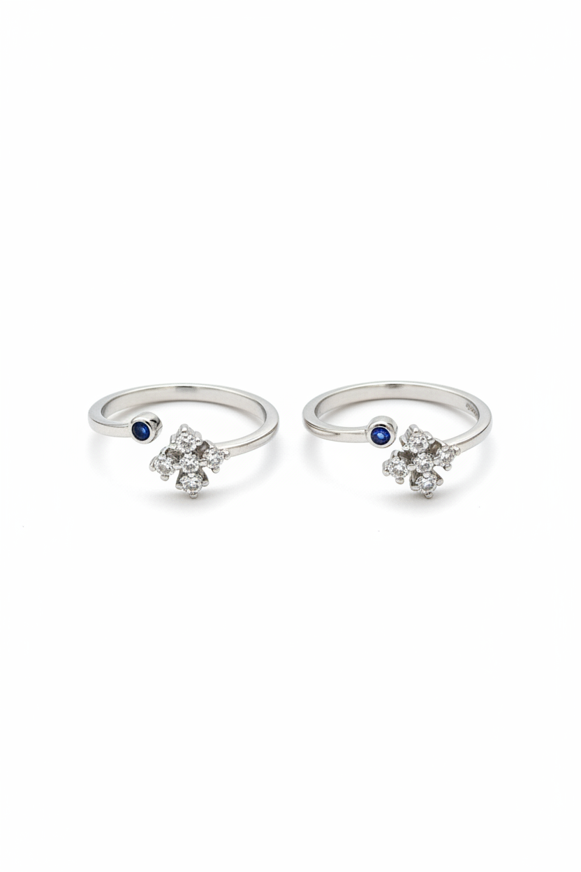92.5 Silver 5 Stone Cross Cluster Adjustable Toe Rings for Women | Blue & White Stone Design
