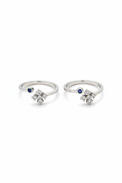 92.5 Silver 5 Stone Cross Cluster Adjustable Toe Rings for Women | Blue & White Stone Design