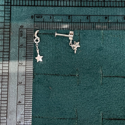 92.5 Sterling Silver Plain Crescent Moon Stud with Chain & Star Charm Drop Earrings for Women