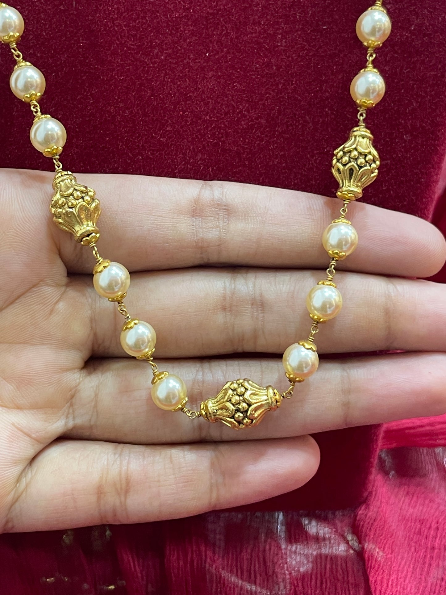 Silver pearls gold plated nakshi mala 21 inches