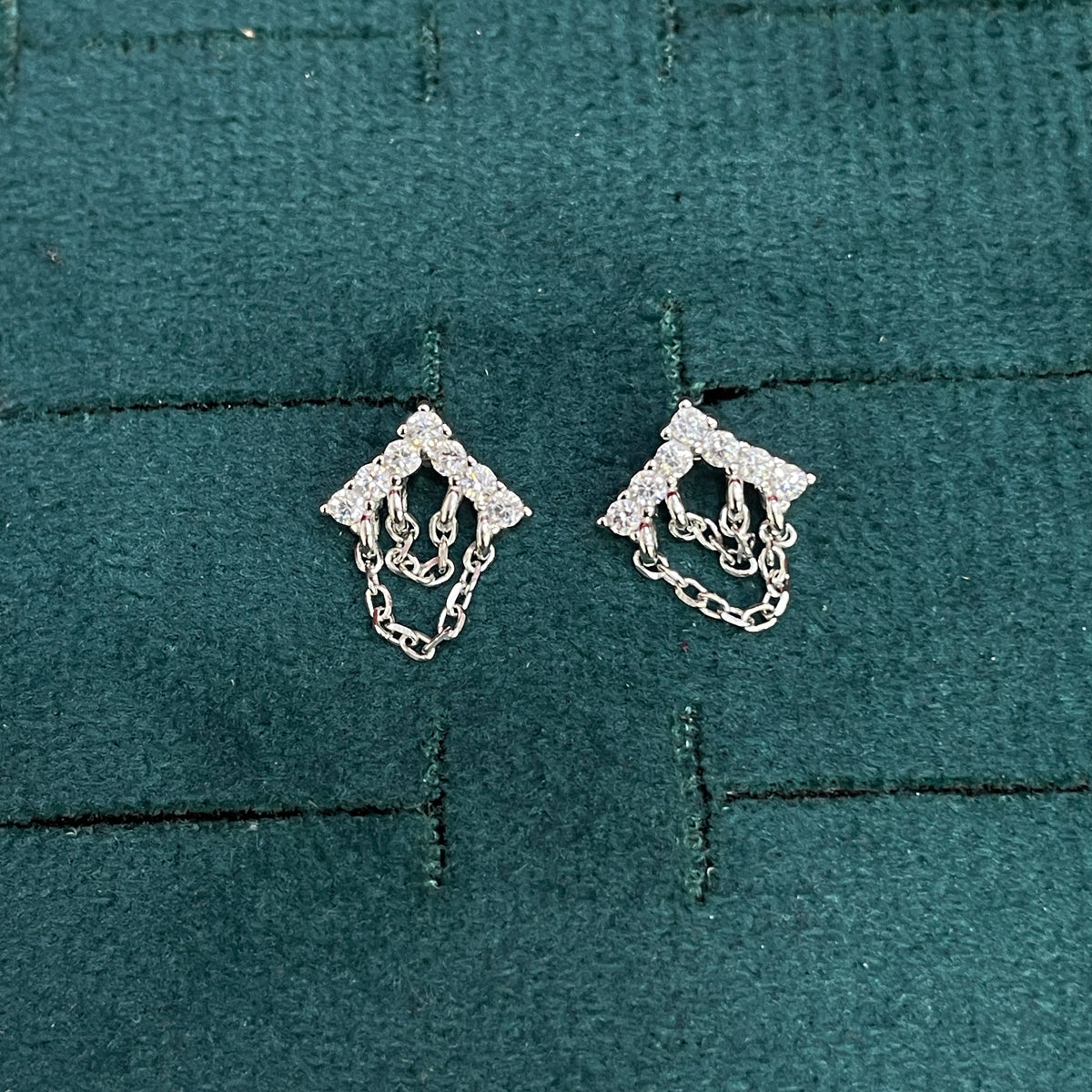 92.5 Sterling Silver White CZ Diamond Cluster & Double Chain Fringe Stud Earrings for Women