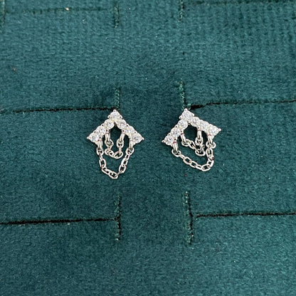 92.5 Sterling Silver White CZ Diamond Cluster & Double Chain Fringe Stud Earrings for Women