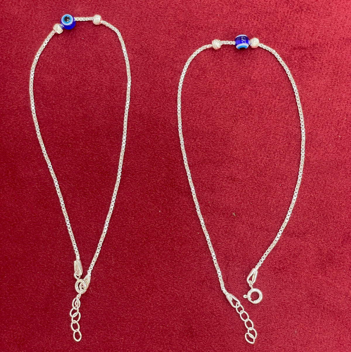 92.5 Sterling Silver Box Chain Evil Eye Bead & Silver Ball Anklets for Women