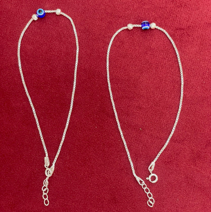 92.5 Sterling Silver Box Chain Evil Eye Bead & Silver Ball Anklets for Women