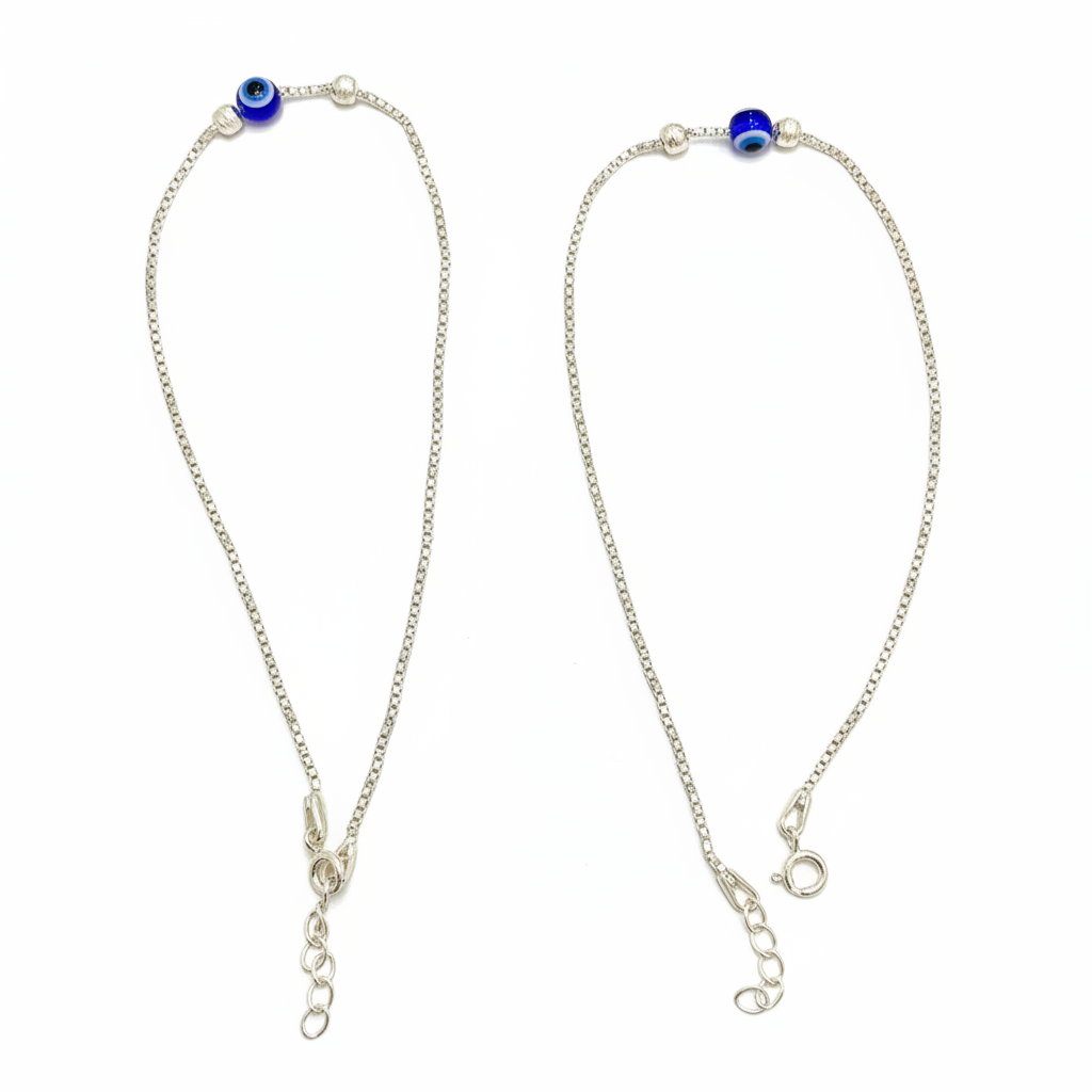 92.5 Sterling Silver Box Chain Evil Eye Bead & Silver Ball Anklets for Women