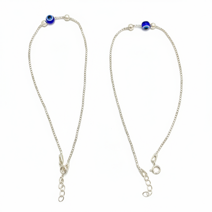 92.5 Sterling Silver Box Chain Evil Eye Bead & Silver Ball Anklets for Women