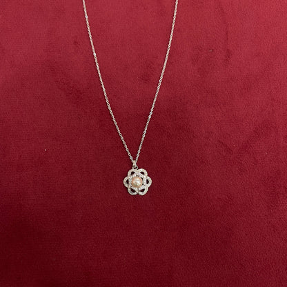 92.5 Silver White CZ Pearl Floral Pendant Chain for Women