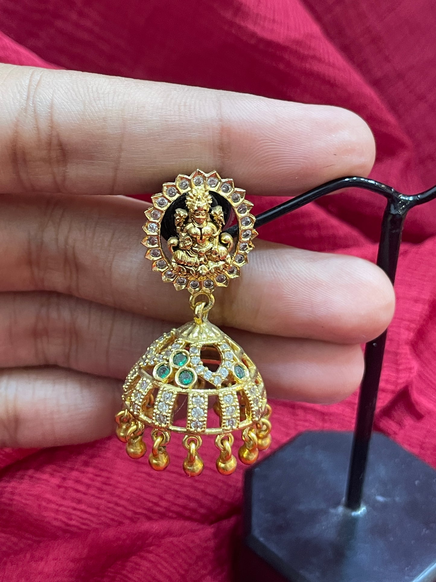 92.5 Silver Gold Plated Lakshmi Devi Jhumka Earrings for Women | Divine Temple Design | Traditional Jewellery